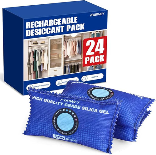 100g [ 24 Packs] Rechargeable Desiccant Packs for Storage, Color Indicating Silica Gel Desiccant Packets, Moisture absorbers for Storage,Dehumidifier bag for Closets,Cars,Storage Bins by FURWEY