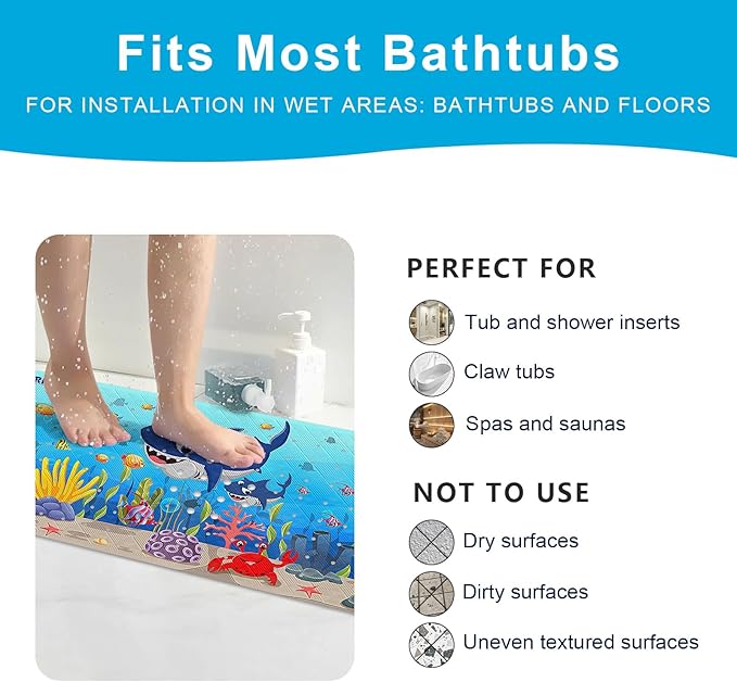 XIYUNTE Baby Bath Mat for Tub Non Slip Kids Bath Mat - 40''x16'' Extra Long Cartoon Bathtub Mat Non Slip Kids Shower Mat Eco-Friendly Toddler Bath Mats with Suction Cups, Machine Washable, Shark - Image 6