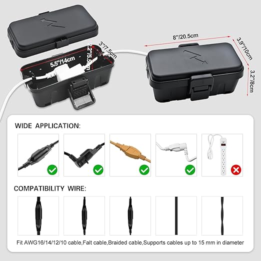 Hrensaw Small Weatherproof Electrical Connection Box(Inner 5.5 x 3 x 2.2inch),Outdoor Electrical Box,Waterproof Extension Cord Covers for Plug, Extension Cables, Holiday Lights,Black - Image 2