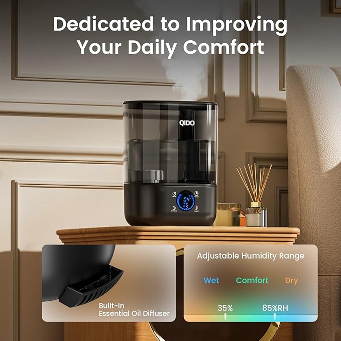 QIDO Top Fill Humidifiers for Bedroom, 5 L Cool Mist 36H Super Long Time, Quiet 28dB Essential Oil Diffuser for Baby & Plants, 3 Adjustable Mist with Touch/APP/7-color Nightlight, Auto Shut-off, Black - Image 7