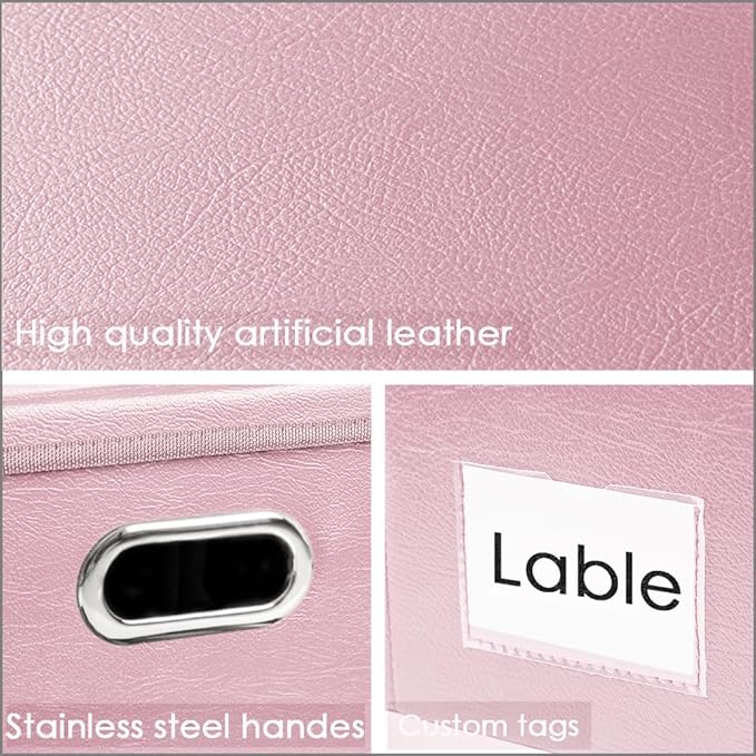 PRANDOM Foldable Storage Bins with Lids [5-Pack] Leather Fabric Collapsible Storage Boxes Organizer Containers Baskets Cube with Cover for Bedroom Closet Office Nursery Pink (14.9x10.8x10) - Image 4