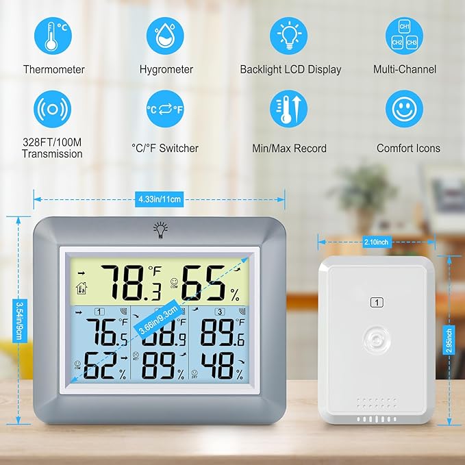 Urageuxy Weather Station Wireless Indoor Outdoor Thermometer with 3 Sensors, Remote Temperature Monitor with Humidity for Home, Baby Nursery, Room, Attic, Patio, Grey - Image 2
