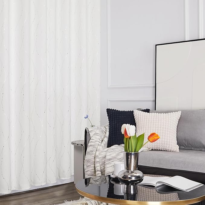 Deconovo White Short Curtains, Room Darkening Curtain, Thermal Insulated Soundproof Drapes, Wave Dots Silver Print, 38 x 45 Inch, Grommet Top, Window Panels for Living Room Bedroom Kitchen, Set of 2 - Image 4