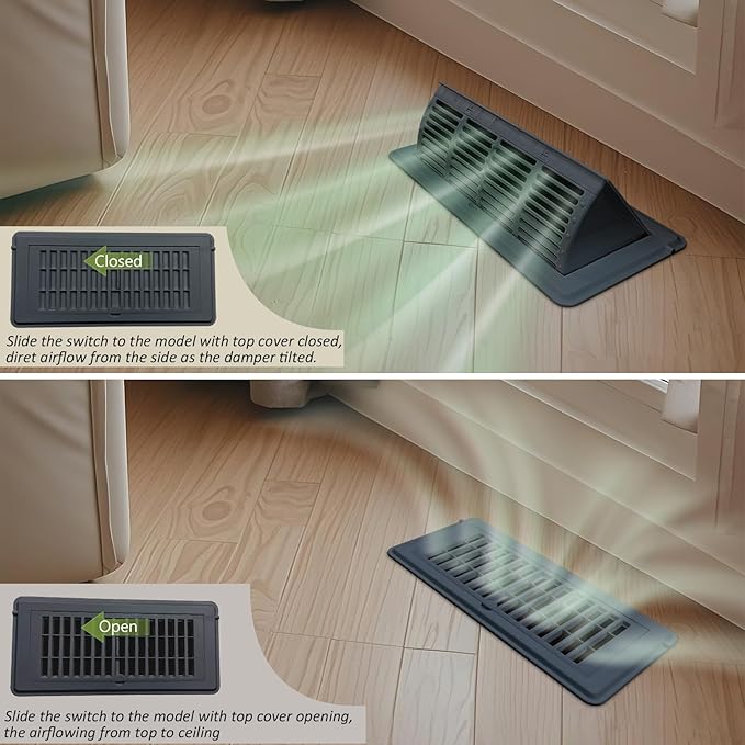 2-in-1 Vent Deflector for Home Floor, Strong Plastic, 4"x10“ Register Type of Deflector, POP up Damper Vent Directional Cover, Floor Air Vent Deflector Under Curtain, Couch or Bed (Black 4 Pack) - Image 6