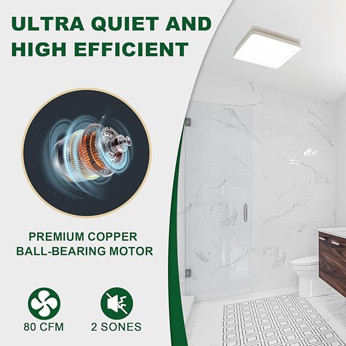 Akicon Bathroom Exhaust Fan with Light, 80CFM 2.0 Sones Exhaust Fan for Bathroom Ceiling, 15W Dimmable 3CCT LED Shower Lights & 3.5W Nightlight Vent Fan for Home, Square, White - Image 2