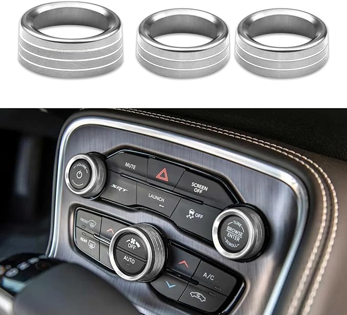 3PCS Air Conditioner Switch Button Knob Cover, Auto Accessories Climate Control Knob Covers, Aluminum Alloy Knob Ring Trim Cover Compatible with Dodge Challenger Durango 2015-2022 (Silver) by Unknown