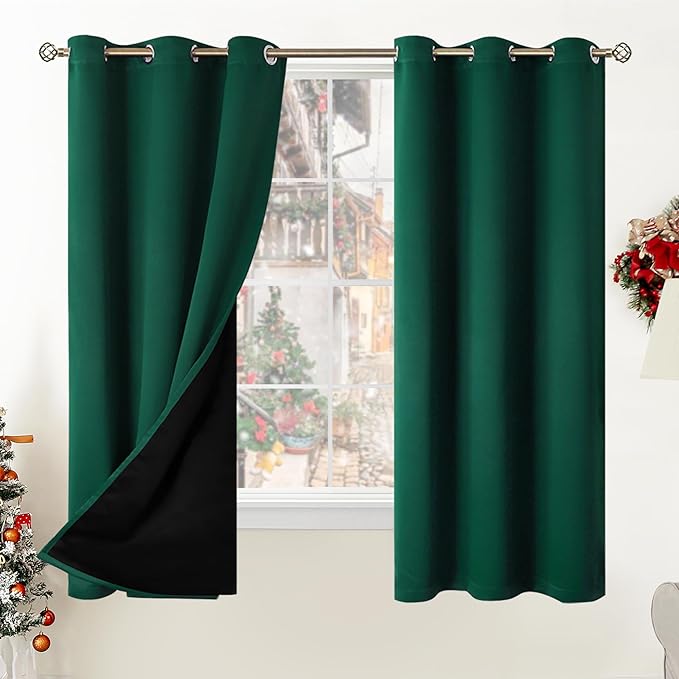 BGment Thermal Insulated 100% Blackout Curtains for Bedroom with Black Liner, Double Layer Full Room Darkening Noise Reducing Grommet Curtain (42 x 63 Inch, Emerald, 2 Panels) by BGment