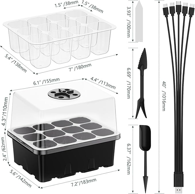 NBPLUS Seed Starter Tray with Grow Light, 5 Pack 60 Cells Seed Starter kit with Humidity Dome and Base, Plant Seedling Trays Indoor Greenhouse Gardening (Black 5 Pack) - Image 6