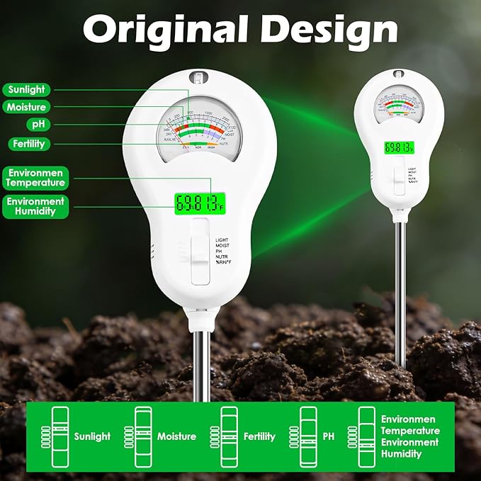 6-in-1 Soil Test Kit with 3 Replaceable Probes, Soil Tester for Gardening, Plant Water Meter, Soil pH Tester for Soil Fertilizer, Sunlight & LCD Display Air Temperature Humidity Sensor - Image 4