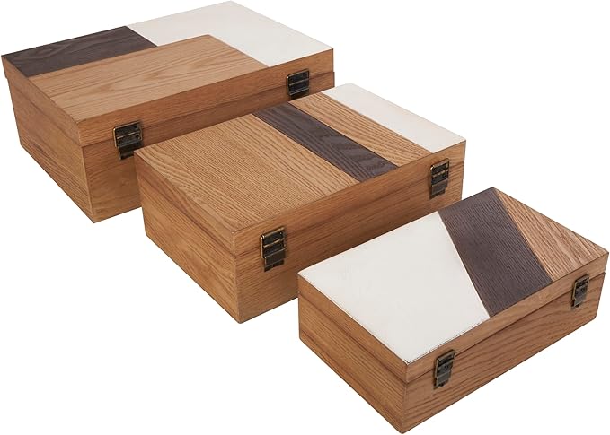 Deco 79 Wooden Geometric Decorative Box Decorative Keepsake Boxes with Cream and Dark Brown Stripes, Set of 3 Storage Boxes 14", 12", 10"W, Brown - Image 3