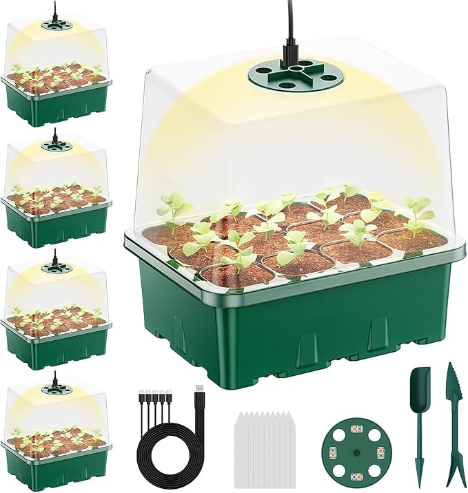 NBPLUS Seed Starter Tray with Grow Light, 5 Pack 60 Cells Seed Starter kit with Humidity Dome and Base, Plant Seedling Trays Indoor Greenhouse Gardening (Green 5 Pack) by NBPLUS