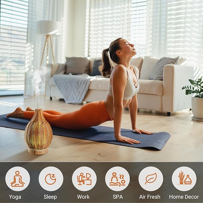 Boho Essential Oil Diffuser for Home Rattan Weaving with Remote Control, 100mL 7 Changing Color Lights Ultrasonic Aroma Humidifier, Noiseless Auto-Off Sleep Mode for Bedroom Office Workout - Image 4
