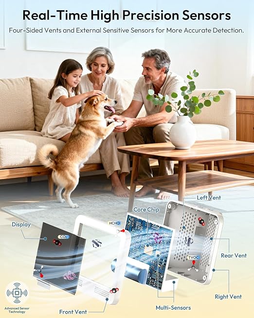 Air Quality Monitor Indoor, 16 in 1 Air Quality Tester for CO2 Monitor, TVOC, PM1.0 PM2.5 PM10, HCHO Temperature Humidity & Time, AQI Monitor with Alerts for Home (PureWhite) - Image 3