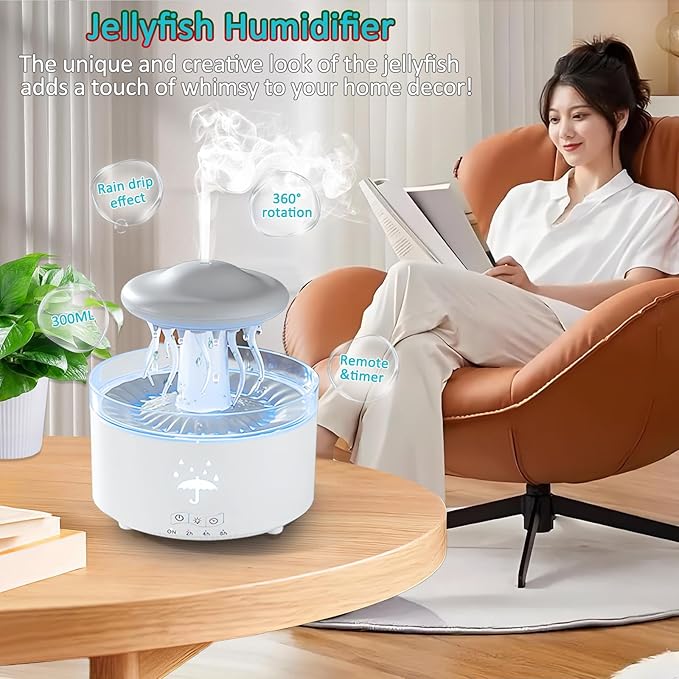 Humidifier for Bedroom, Rotating Umbrella Diffuser with Rain Drop Effect 7-Color LED, 300ML Small Humidifier with Remote & Timer, Funny Rain Humidifiers Gift for Family and Friends (White 1) - Image 2