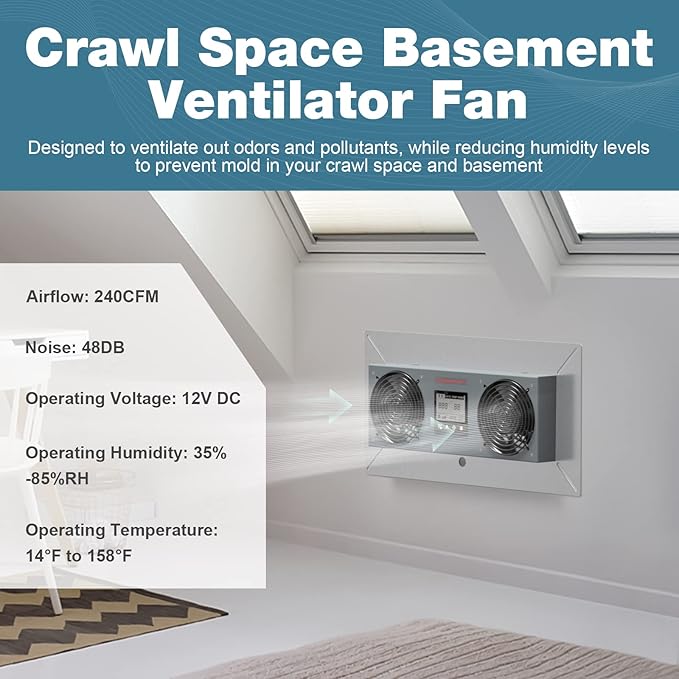 Abestorm Crawlspace Ventilation Fan, Crawl space Ventilator Fan with Humidistat, Temperature Controller, Moisture Reducing, for Crawl Spaces Garage Attic Hydroponics Grow Tents, 240CFM Air-out - Image 4