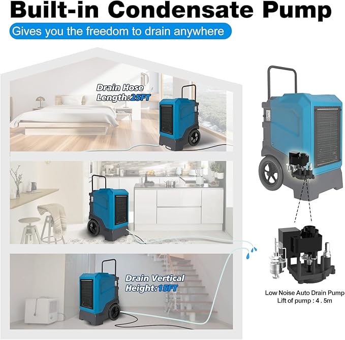 MOUNTO 310 Pints LGR Commercial Dehumidifier with Built-In Pump and Drain Hose – Portable, Heavy-Duty Dehumidifier with Wheels for Basements, Garages, Home, and Job Sites (Blue) - Image 4
