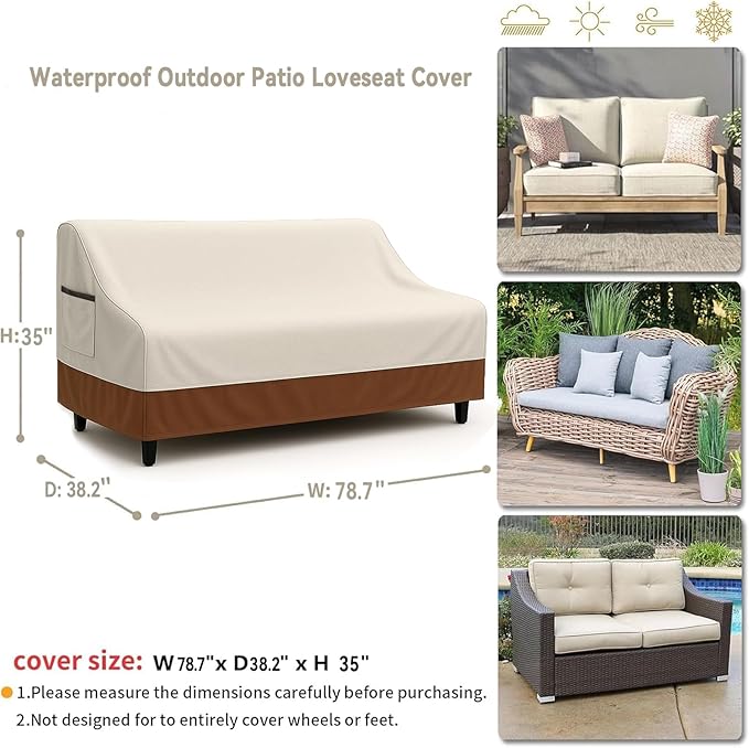 Waterproof Patio Loveseat Cover, 78.7W x 38.2D x 35H inches Heavy Duty 600D Weather-Resistant Outdoor Furniture Protector Beige and Brown - Image 2