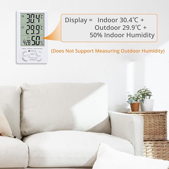 Neoteck 3 in 1 Thermometer Hygrometer with Clock Large LCD Display, Digital Humidity Temperature Meter 1.5m Sensor Wire for Indoor Outdoor Use - Image 5