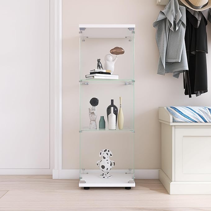 Yoluckea 3 Shelves Glass Display Cabinet with Door, Curio Collection Glass Display Case for Home Office, Floor Standing Bookshelf Corner Cabinet for Book Toys Glory (White) - Image 5