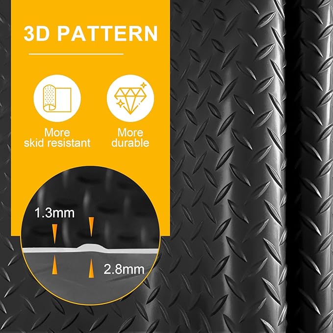 10x20 FT Garage Floor Mat, 2.8mm Thickened Flooring Roll for Under Car Diamond Plate PVC Rubber Mat with 20 Pcs Tapes, Non-Slip Floor Mat for Garage, Warehouse, Gyms, Trailer, Black - Image 3