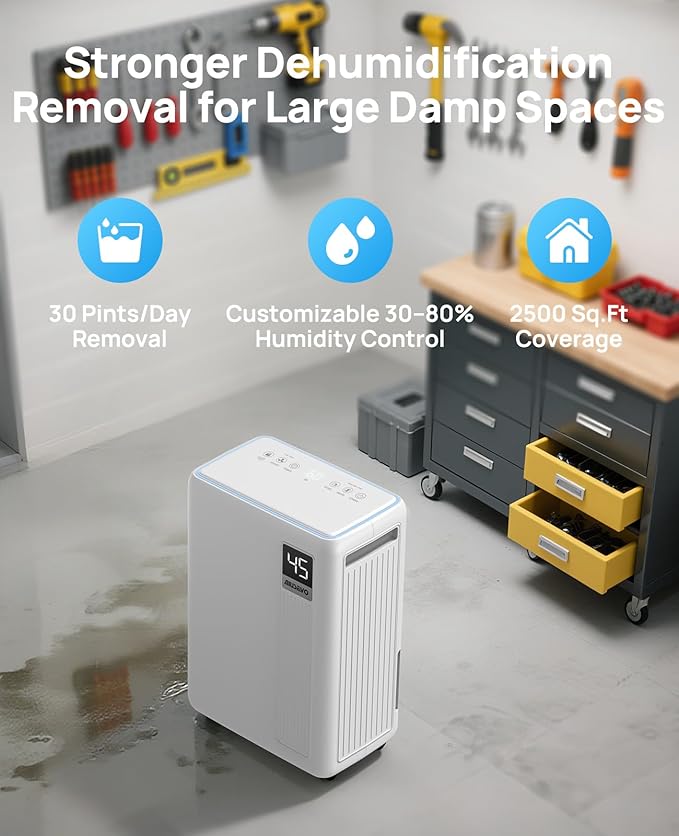 30 Pint Dehumidifier for Basement, 2500 Sq. Ft Dehumidifiers for Home with Drain Hose, 3 Modes, Smart Humidity Control, 24H Timer, 0.52 Gal Water Tank, for Whole House, Bedroom, Bathroom, Garage, Rv - Image 3