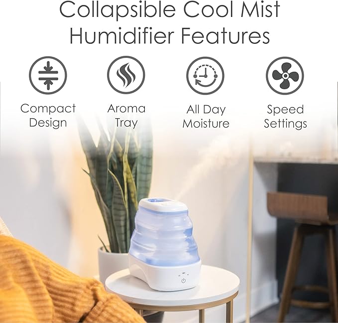 Crane Collapsible Cool Mist Humidifier for Bedroom and Office, 1 Gallon Portable Humidifier for Travel and Easy Storage, Blue and White - Image 4