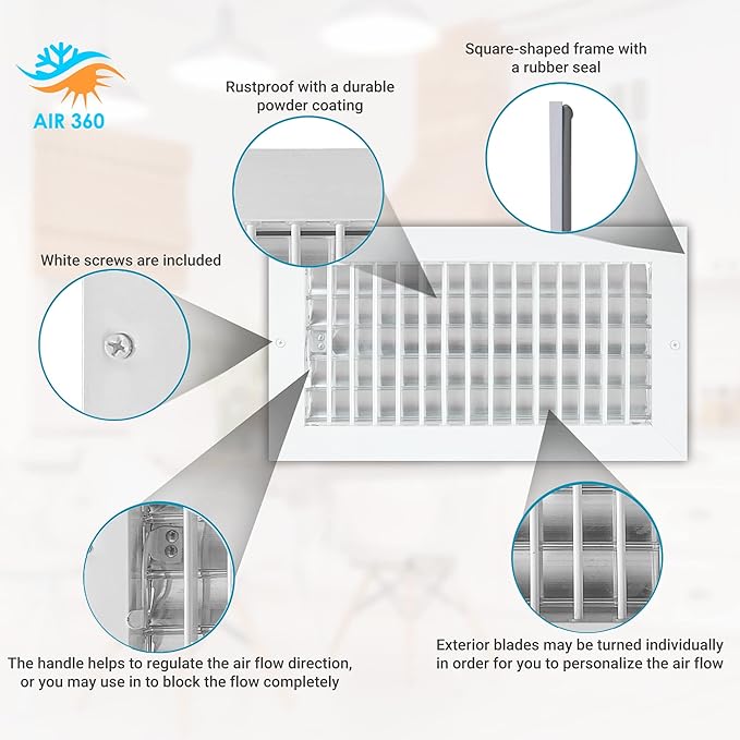 Aluminum 12 x 6 In (Duct Opening) Heater Vent Deflector Wall AC Grille – Premium Register Vent Cover – Durable Rustproof Wall Grille – Overall Size 13-5/8 x 7-5/8 Inch – Adjustable Front Blades, White - Image 8
