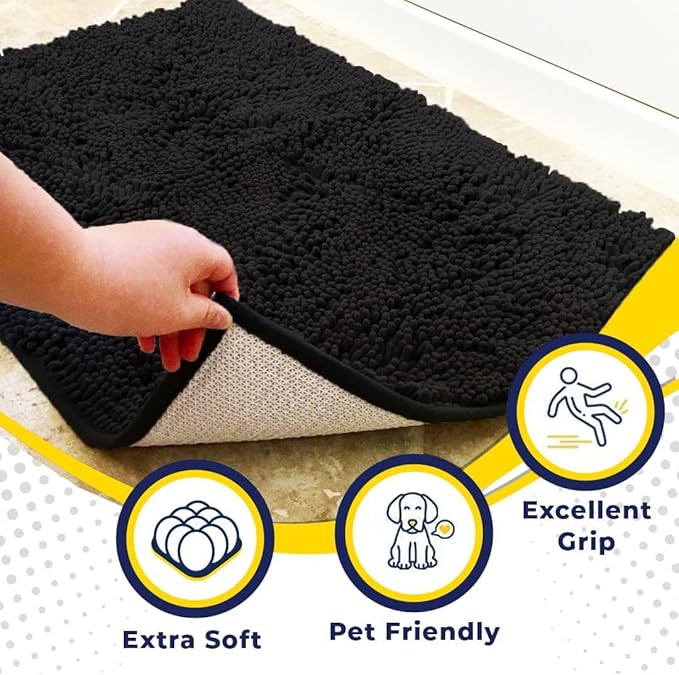 Muddy Mat® Pack of 3 Highly Absorbent Microfiber Dog Door Mat and Pet Rug, Non Slip Thick Washable Area Mat Soft Chenille for Kitchen Bathroom Bedroom and Outdoor - Black Small, Medium & Large - Image 2