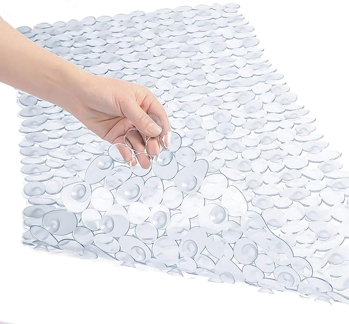 WELTRXE Non Slip Bath Mat Pebbles Bathtub Mat with Suction Cups, Drain Holes for Bathroom Showers, Tub, 35 x 16 Inches Machine Washable Bathroom Mats BPA, Latex Free Safe Shower Mats - Clear by WELTRXE