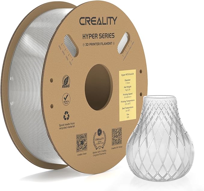 Creality Official Hyper PETG Filament 1.75mm, High Speed 30-600mm/s 3D Printer Filament PETG, Dimensional Accuracy ± 0.03 mm, Fit Most 3D Printers, 1KG(2.2lbs) Spool Transparent by Creality