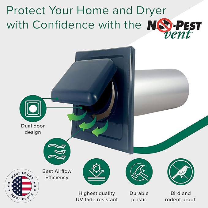NO-PEST VENT, Exclusive Dual Door Dryer Vent Cover Outdoor 4 inch or Bathroom fan, Made in USA w Highest UV Resistant Plastic in any Outdoor Vent Cover (Deep Ocean Blue, 4 inch With 12" Duct Tube) - Image 2