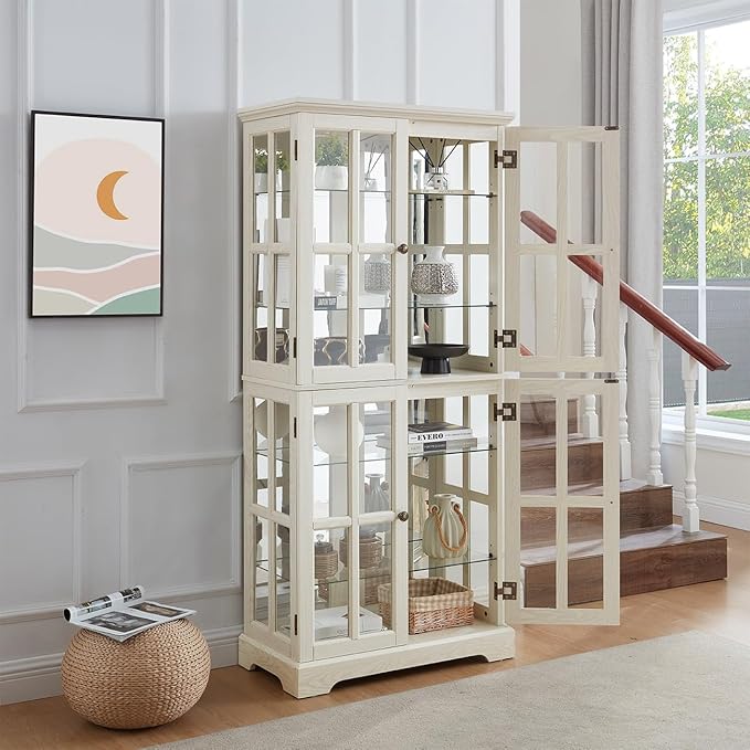 Lighted Glass Curio Cabinet with Lights & Adjustable Shelves,Curio Display Cabinet with Wood Frame & Glass Door,Corner Antique Display Case for Kitchen,Living Room,Office - Image 9