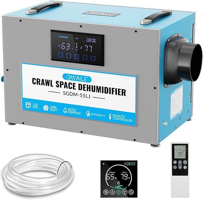 145 Pint Commercial Dehumidifier,Crawl Space Dehumidifier with Pump and Hose,Portable, AutoDefrost, Memory Restart Starting,Whole House dehumidifier for Basements, Warehouses by DWALE