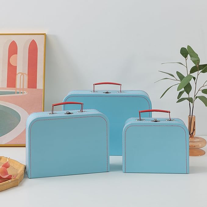 SLPR Paperboard Suitcases Set of 3, Light Blue - Vintage Cardboard Suitcase Decor, Nesting Luggage Decorative Mache Boxes with Hinged Lids and Brass Handles, Mini Suitcases for Centerpieces - Image 2
