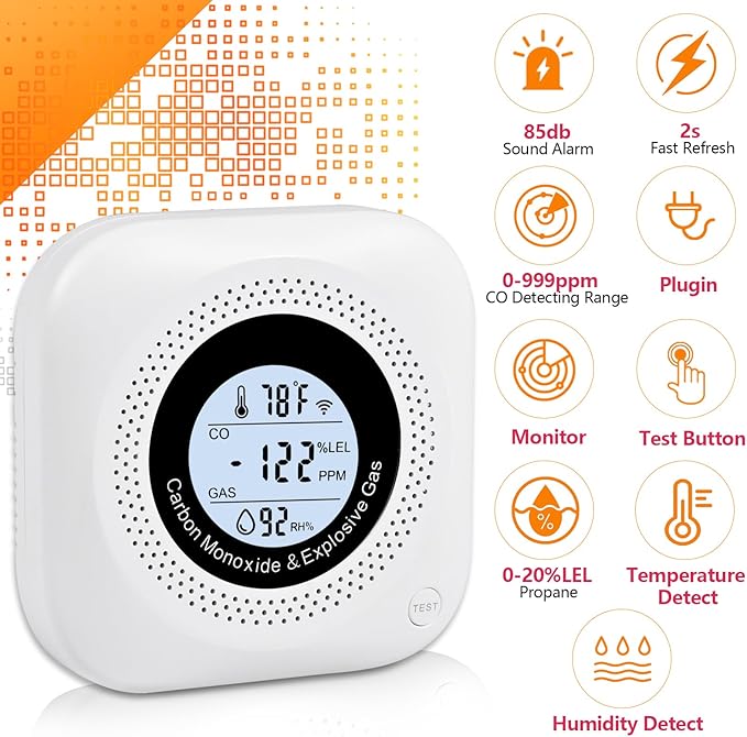 Carbon Monoxide Detectors, 2Pack 4-in-1 Natural Gas Leak Detector, Portable Carbon Monoxide Detector, Plug in Wall with AC Socket and Temperature & Humidity Monitoring for RV, Home, Hotel (White) - Image 4