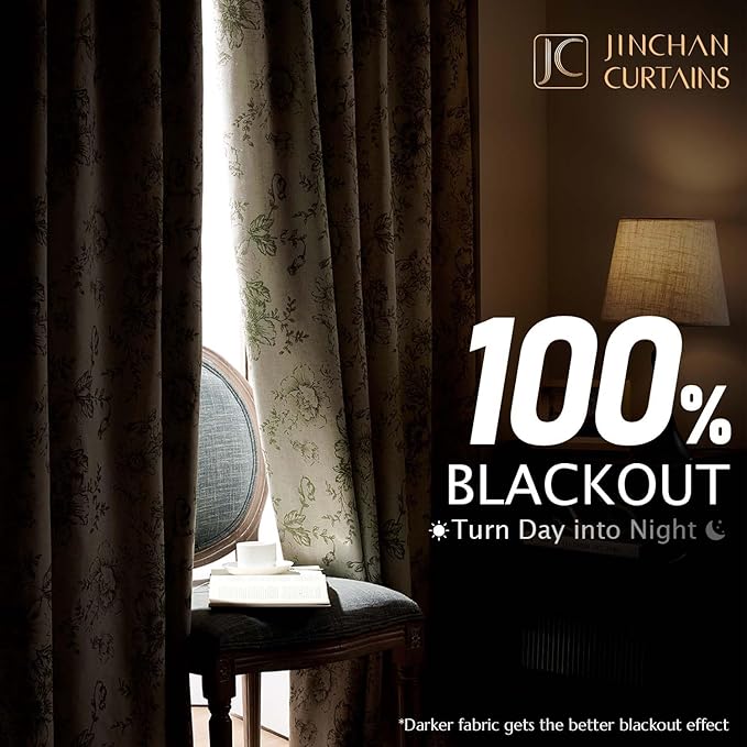 jinchan Blackout Curtains Linen Blend Floral Curtain for Living Room 84 Inch Length Farmhouse Printed with Lined Blackout Drapes for Bedroom Sage Green Flower Curtains Set 2 Panels - Image 2