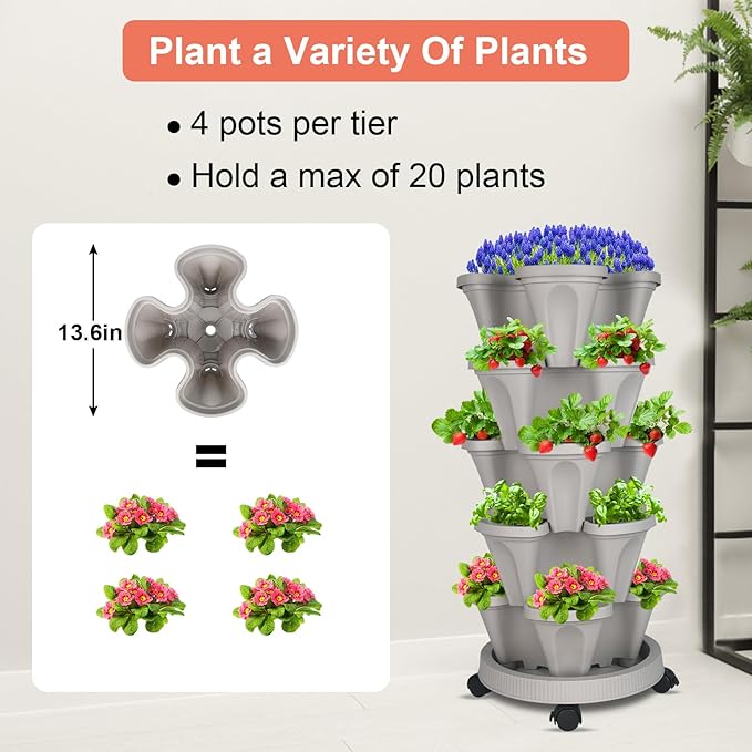DUNCHATY Stackable Planter, Vertical Garden Planter with Wheels and Garden Tools, Strawberry Planter Indoor/Outdoor 5 Tier Herb Planter Pots for Growing Vegetables and Succulents,Gray - Image 4
