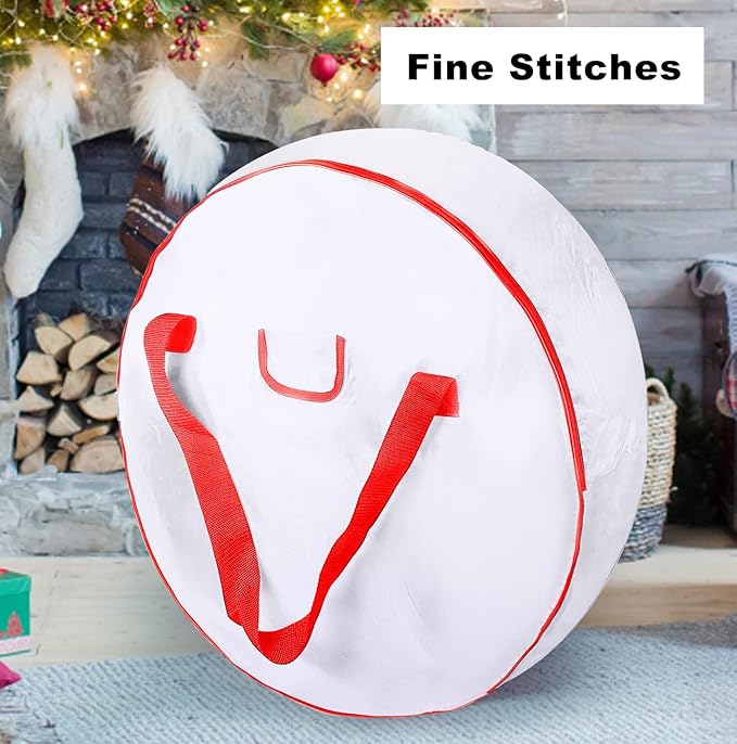 TQS 25" Christmas Wreath Container Bag - Christmas Large Wreath Bag Storage Cover- Reinforced Wide Heavy Duty Handle & Double Sleek Zipper - Protect Your Garlands Party Decorations - White - Image 6