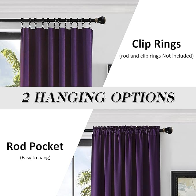 DONREN Room Darkening Window Curtain Panels for Bedroom - Rod Pocket Blackout Solid Curtains for Dining Room(Purple,52 W x 96 L 2 Panels) - Image 2