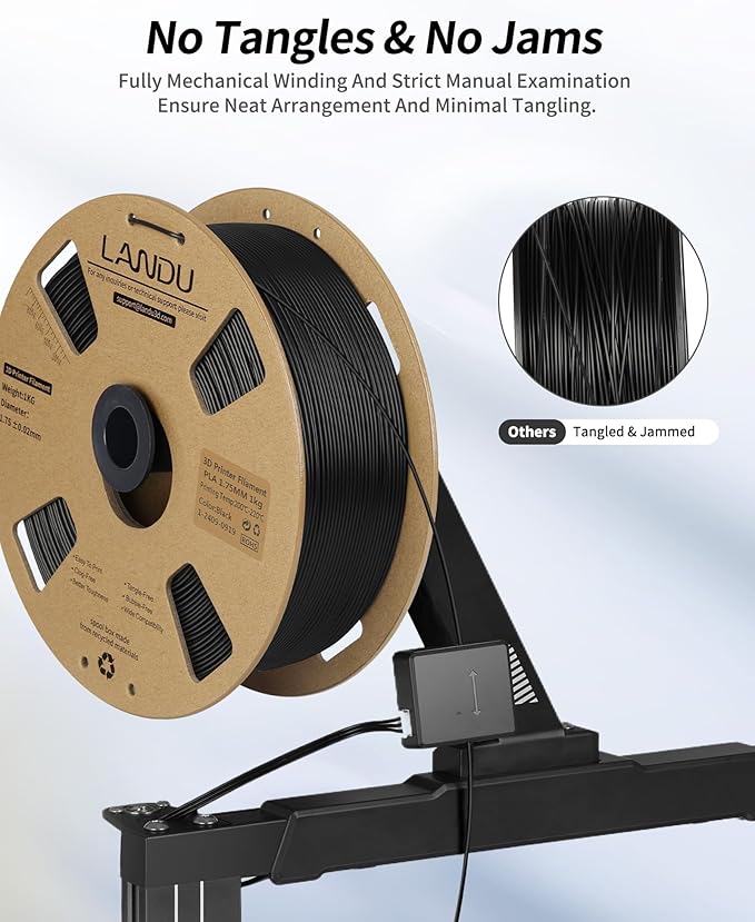 LANDU PLA Filament 1.75mm Black 1KG, 3D Printer Filament 1kg Cardboard Spool(2.2lbs), Dimensional Accuracy +/- 0.02mm, Neatly Wound 3D Printing Filament Fits for Most FFF 3D Printers, Black PLA - Image 2