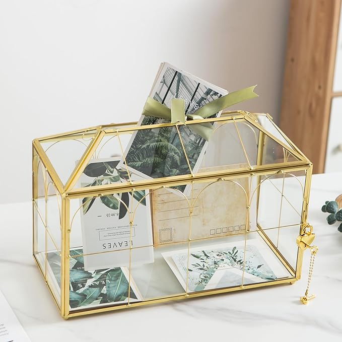 Glass Wedding Card Box with Slot, 12.5'' Large Clear Card Box Gold Brass Gift Card Storage Box with Lock Perfect for Wedding Receptions, Baby Shower, Birthday Party, Bridal Shower - Image 3