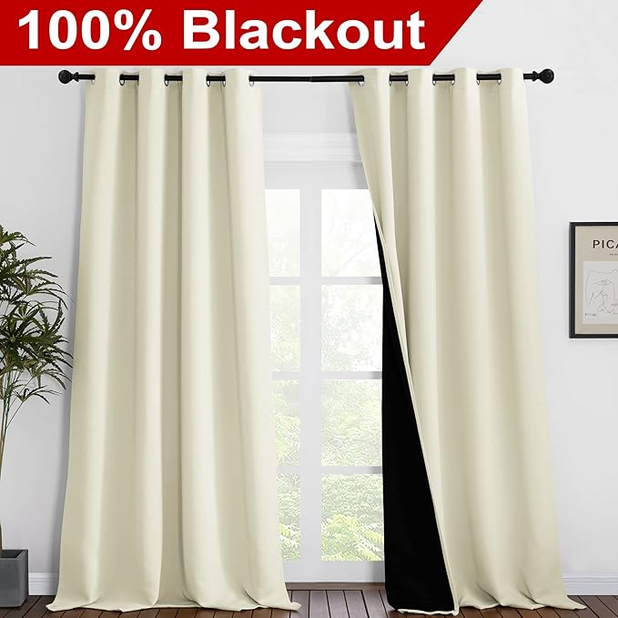 NICETOWN Cold Reducing Curtains, Thermal Insulated 100% Blackout Curtains, Sound Proof Drapes with Black Backing, Full Light Blocking Panels for Patio Sliding Door (Beige, 1 Pair, 55" x 102") - Image 2