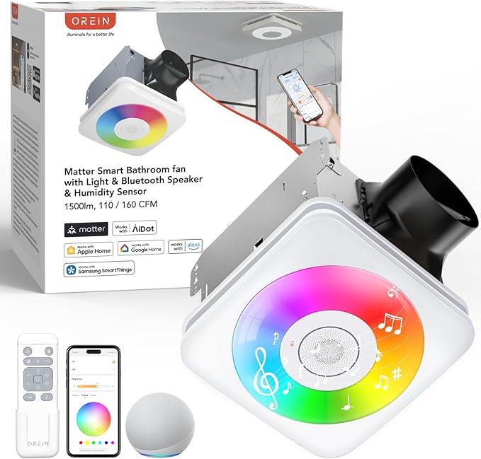 OREiN 4-in-1 Matter Smart Bathroom Exhaust Fan with Light, Bluetooth Speaker & Humidity Sensor, 110/160 CFM, 1500LM 2700K-6500K, Alexa/App/Remote Control, Required Ceiling Opening 11.39"x10.42" by OREiN