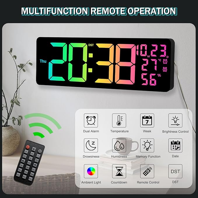 JoFomp 17.3" Large Digital Wall Clock, LED Digital Clock Large Display with Remote Control, Alarm Clock with Temp/DST/Dimmer/Humidity/Timer/Ambient Light - 12/24H, Alarm Wall Clock for Bedroom - Image 4