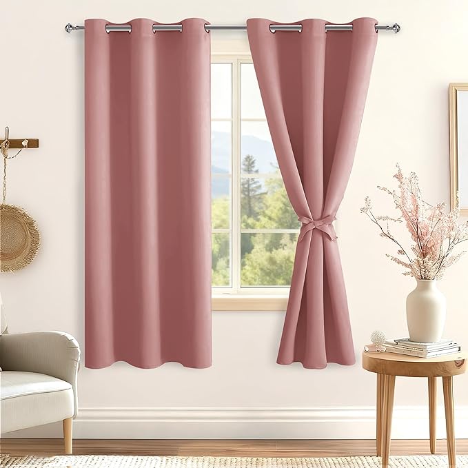 Hiasan Room Darkening Curtains for Bedroom, Noise Reducing, Energy Saving Blackout Window Curtain Panels, Sewn with Tiebacks, Set of 2, Grommet Top (Dusty Rose, Width 42 Inch x Length 72 Inch) - Image 2
