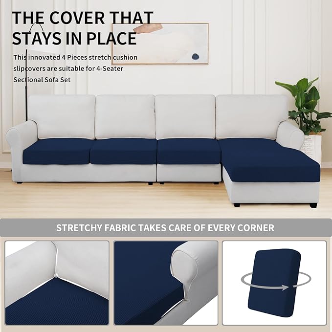 Easy-Going Stretch 4 Pieces Couch Cushion Covers for Sectional Sofa Left/Right L Shape Chaise Lounge Sofa Seat slipcover Anti-Slip Sofa Cover Soft (3 Seater + 1 Chaise, Navy) - Image 5