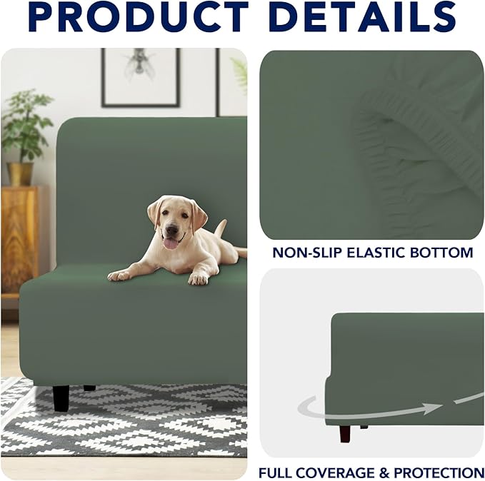 PureFit 100% Dual Waterproof Futon Cover - Stretch Non Slip Fleece Sofa Covers, Washable, Leakproof Furniture Protector for Kids, Pets, Dogs (Grayish Green) - Image 4