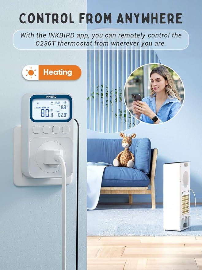 INKBIRD Plug in Thermostat WiFi 1800W 15A Heating Cooling Timer Countdown Mode - Image 4