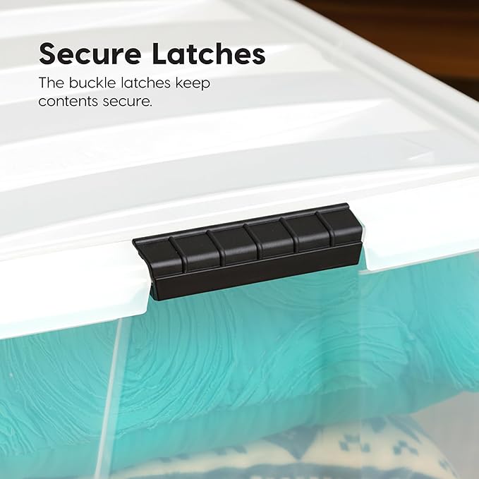 IRIS USA 94 Qt Stackable Plastic Storage Bins with Lids, 4 Pack - BPA-Free, Made in USA - See-Through Organizing Solution, Latches, Durable Nestable Containers, Secure Pull Handle - Clear/White - Image 3