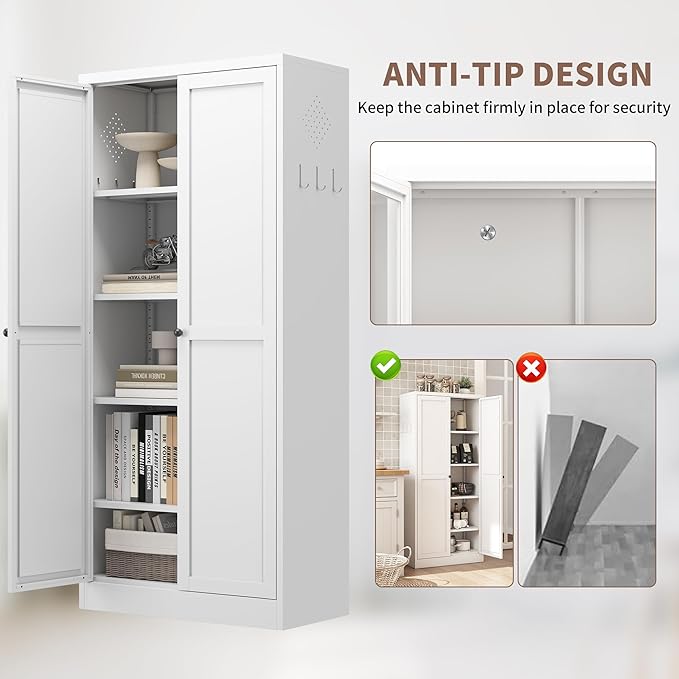 Kitchen Pantry Storage Cabinets with 4 Adjustable Shelves, 61" Tall Kitchen Cupboard Metal Food Pantry Cabinet for Kitchen, Dining Room, Living Room and Bathroom, Assembly Required(White) - Image 6